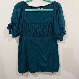 Moth Anthropologie Teal Cotton Knit Top Sheer Puff Sleeve Square Neck Large